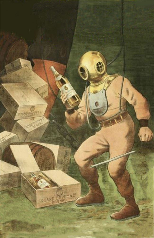 Deep-sea diver holding a bottle of champagne