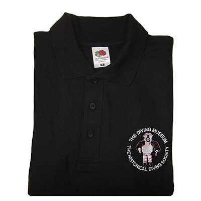 Black, folded polo shirt with Diving Museum logo