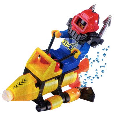 Lego figure sitting on a Lego-sized underwater propulsion vehicle