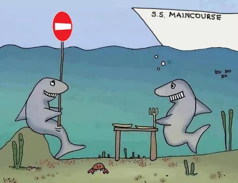 Cartoon illustration of a sharks sitting at a table having dinner