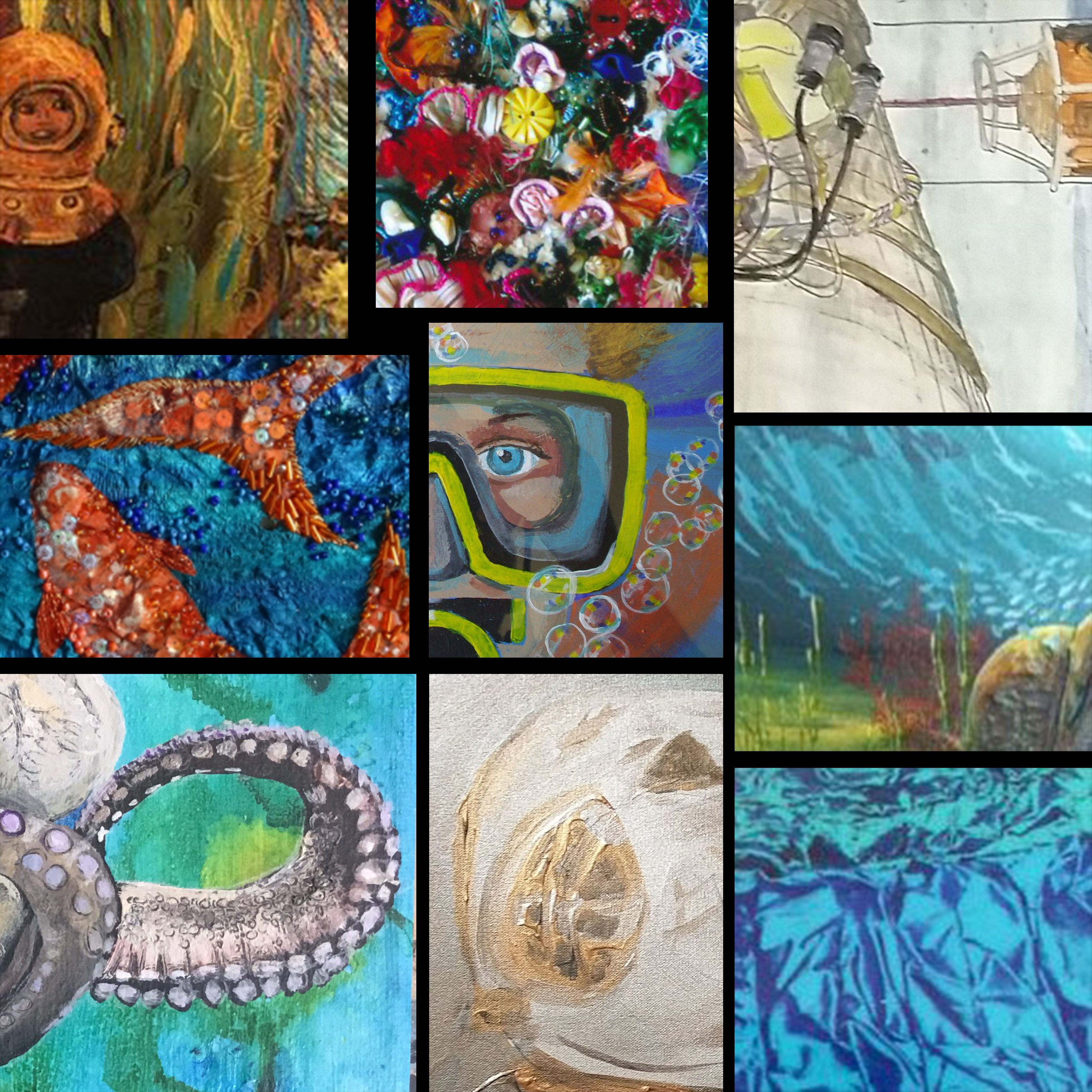 A patchwork of details from various pieces of artwork from the Underwater 2018 art exhibition