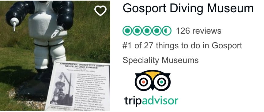 Computer screenshot of Trip Advisor page with text reading "Gosport Diving Museum", No. 1 of 27 things to do in Gosport