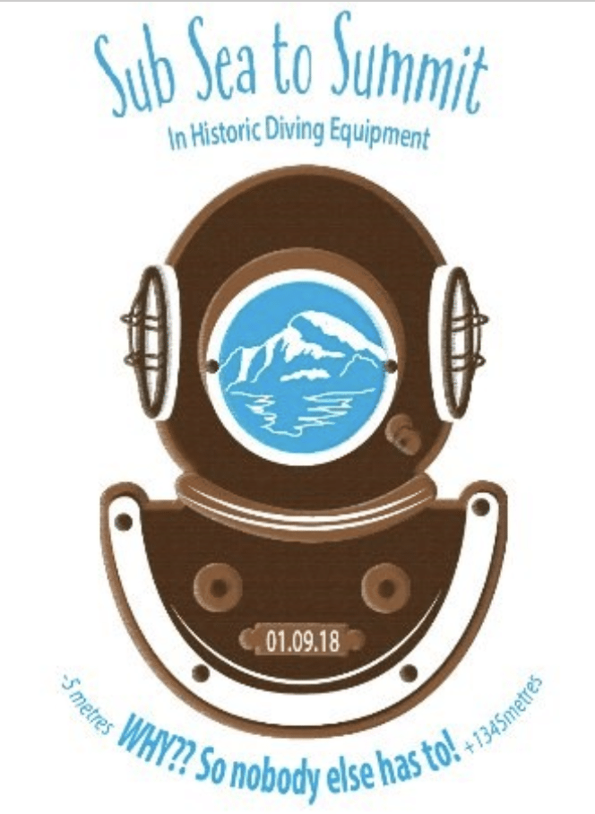 Drawing of a copper-brown diving helmet with a snow-covered blue mountain reflected in the front window.