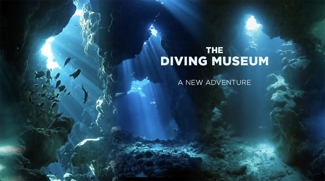 Underwater scene with rocky pillars and bursts of light fanning through the water. A shoal of fish swims towards the viewer at the left of the image. 