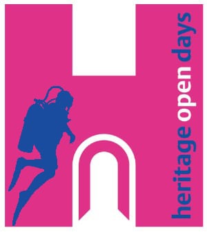 Heritage open days logo (a pink letter 'H' with the bottom half of the 'H' formed by an arch). A silhouette of a scuba diver is superimposed on the left hand upright of the 'H'.