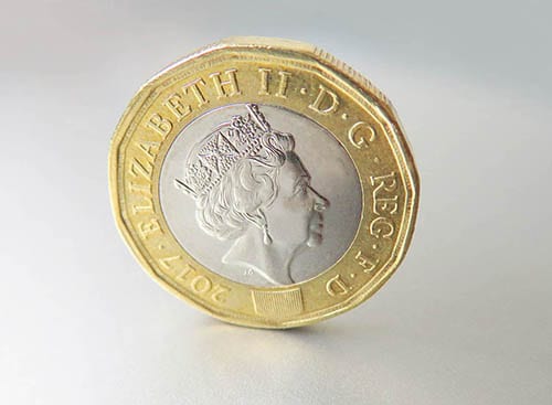 Image of a single one pound coin standing on its edge