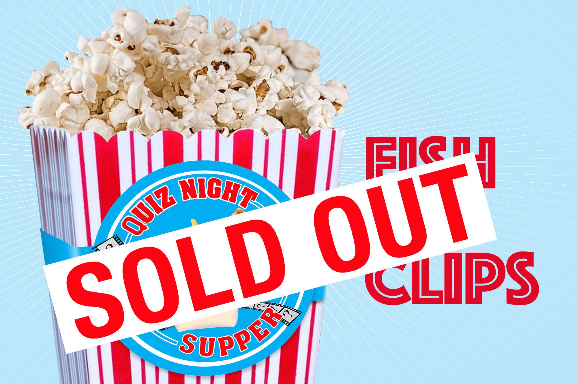 Red and white striped box full of popcorn and branded with a circular logo reading 'quiz night supper' around an image of a container of fish and chips