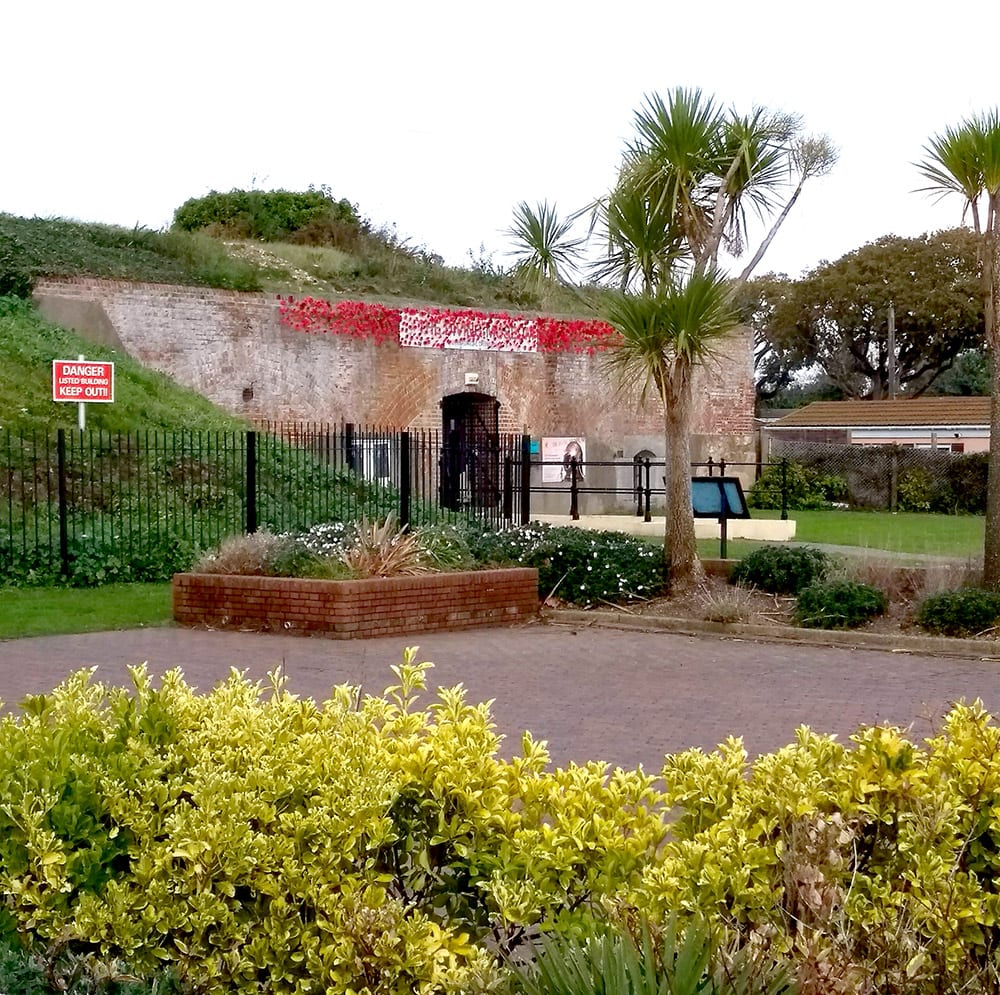 The front of the diving museum with a 'waterfall' of poppies falling over the front facade above the door