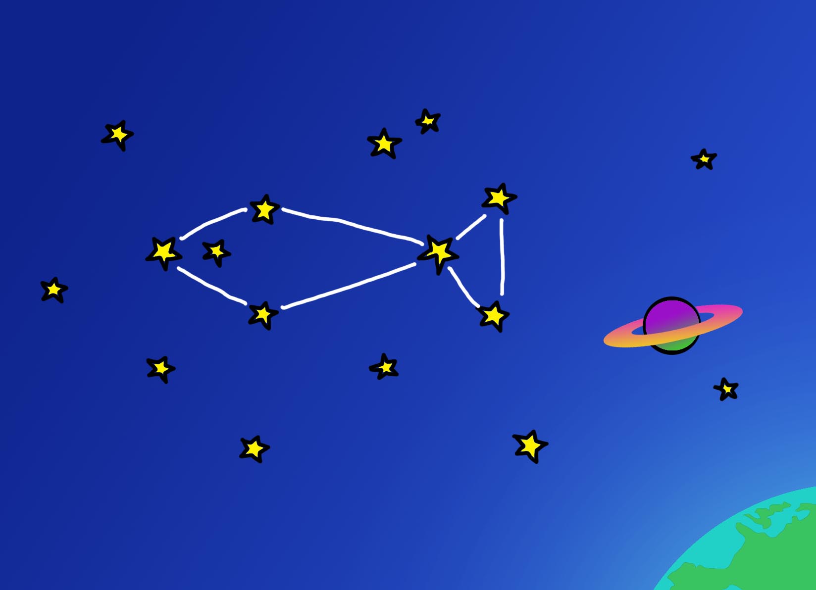 Cartoon drawing of planets and constellations with one fish-shaped constellation