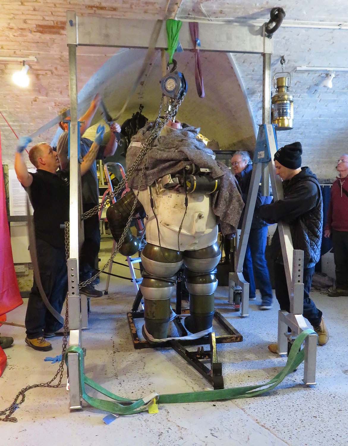 Back view of Jim in vertical position under the gantry. Waiting to be lifted onto its display frame.