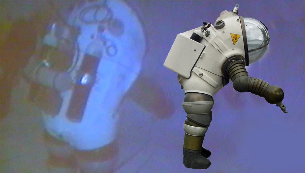 Side view of a JIM suit, facing right superimposed on an underwater image of the back of a Jim suit. 