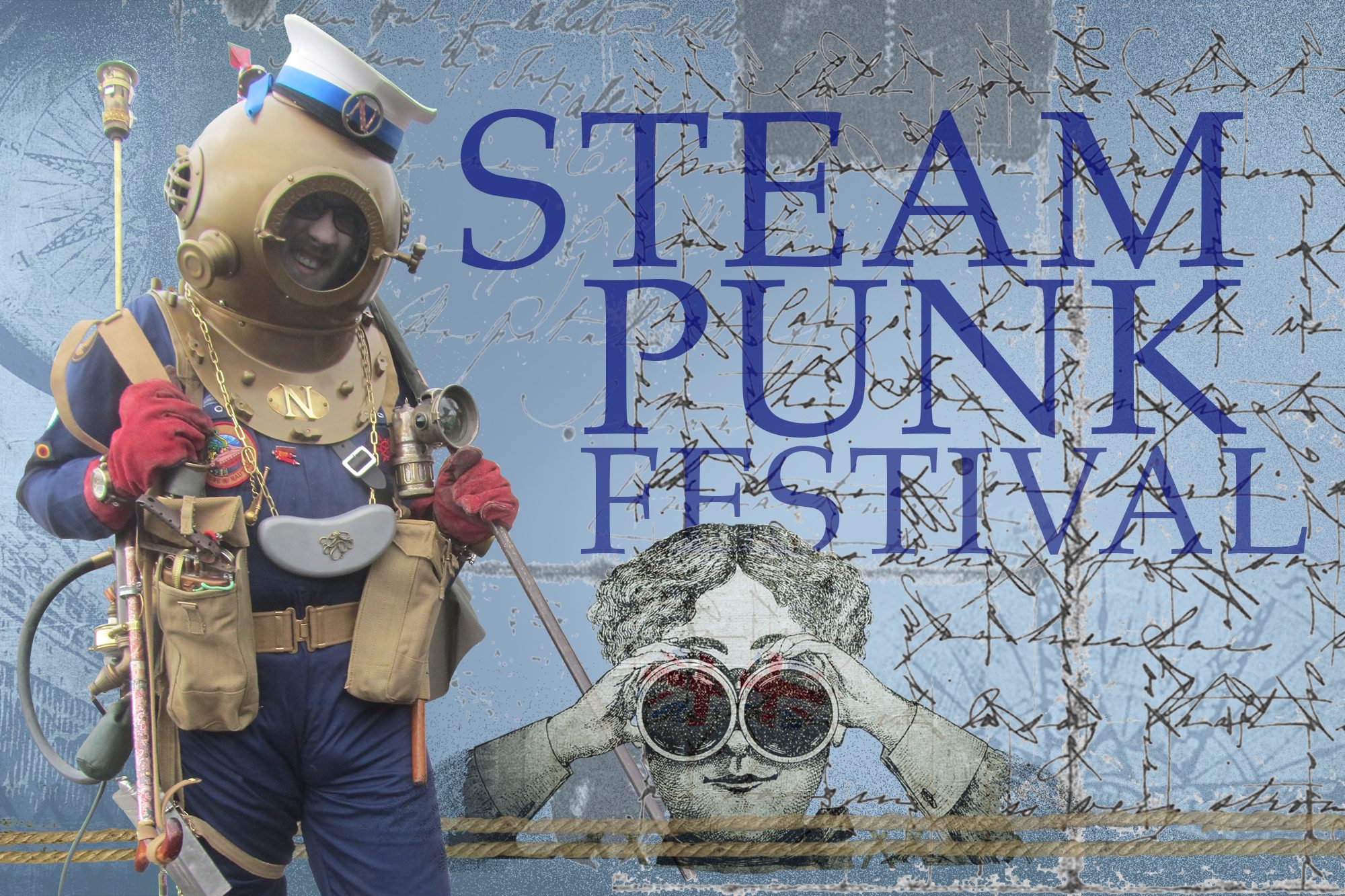 A fantasy diver in Steampunk style standing in front of snippets of Victorian graphics: a lady with binoculars, compass and Victorian Handwriting.
