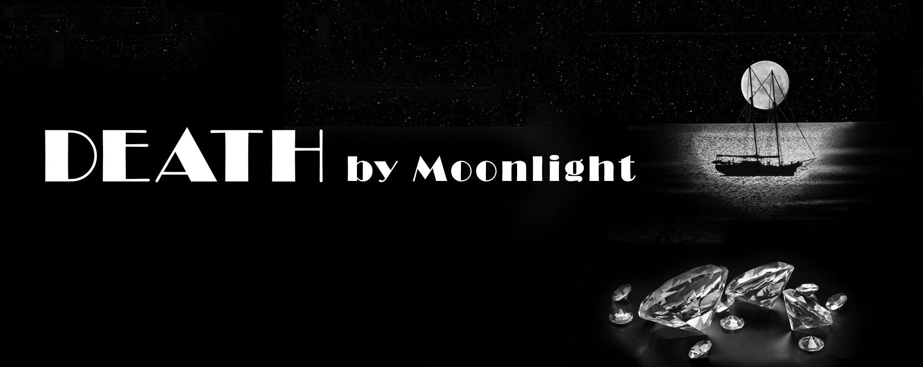 Black and white image of a yacht on a moonlit sea beneath a star-filled sky. Below the yacht, in the foreground is a cluster of cut diamonds.