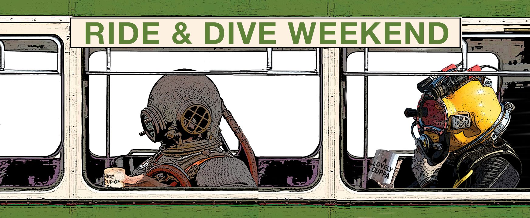 View through side of a bus to see two divers, one with a copper helmet and one with a modern yellow helmet each holding a mug of tea.