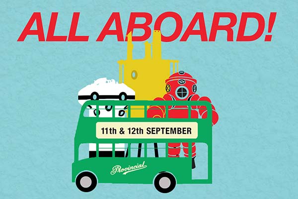 Cartoon style green double decker bus in front of 3 exhibits from the diving museum: A diving bell, an observation bell and the Iron Man