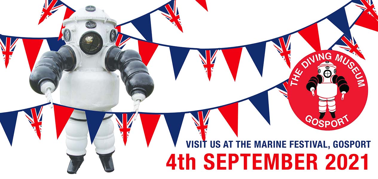Atmospheric Diving suit (the Iron man) with red, white and blue bunting all around him and text inviting you to visit at the Marine Festival
