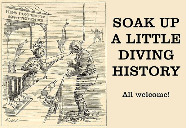 Victorian cartoon of a diver at an underwater bar being served a vintage wine through a hand pump.