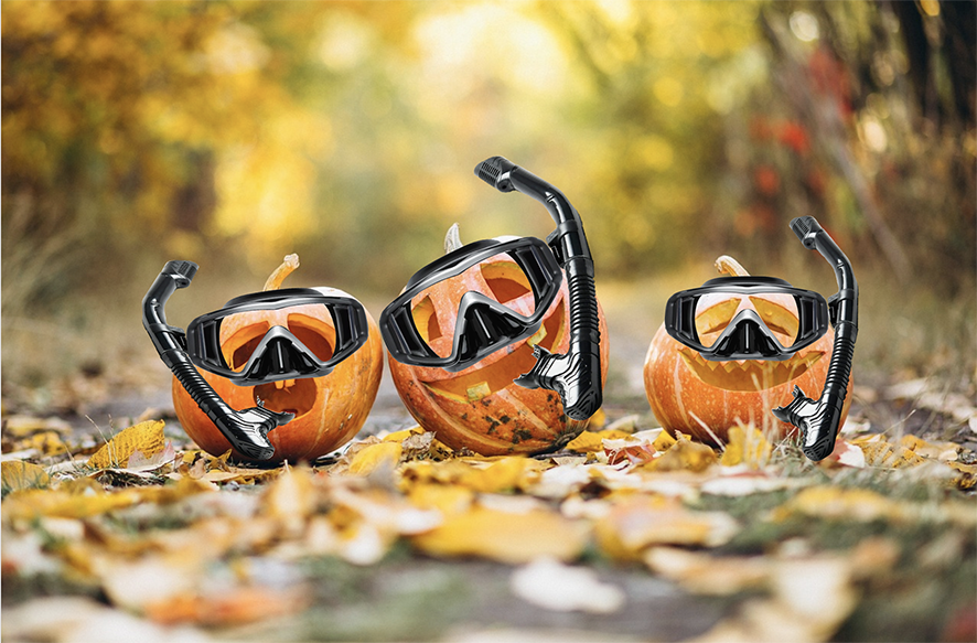 3 holly carved pumpkins each wearing a mask and snorkel