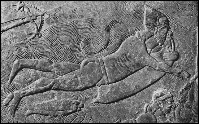 Assyrian bas relief of a man swimming underwater with an inflated skin for buoyancy or perhaps for breathing out of.