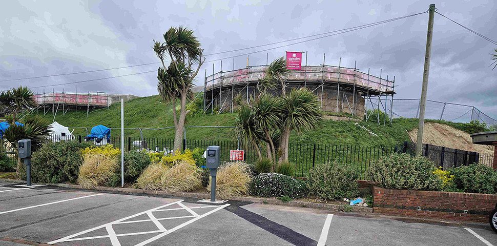 View of the south sid of the museum with the gun emplacement surrounded by scaffolding